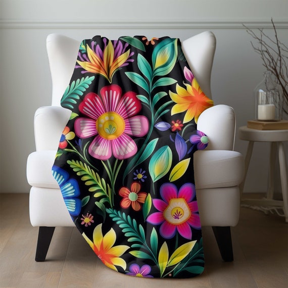 Mexican Floral Blanket Mexican Home Decor Mexican Folk Art Mexican Wedding Gift Floral Couch Throw Fleece or Sherpa Blanket Etsy