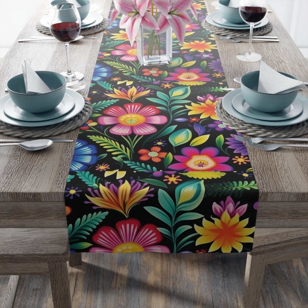 Mexican Floral Table Runner | Mexican Home Decor | Folk Art Decor | Floral Decor Gift | Easy Care | Two Sizes | Garden Lover Gift