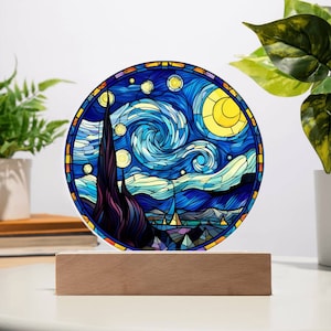 Sternenklare Nacht Acryl Plakette | Elegantes Dekor Geschenk für Kunstliebhaber | Sternenklare Nacht Nachtlicht | Faux Glasmalerei-Design | VanGogh Kunst