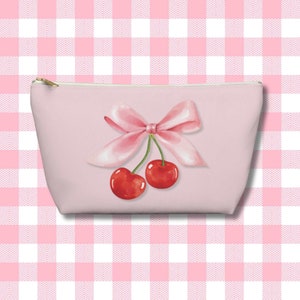 Coquette Makeup Bag | Pink Ribbon Cherry Accessories | Travel Bag | Pencil Case  Gift for Girl | Gift for Daughter