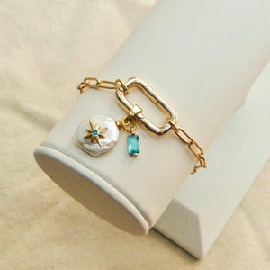 Celestine Paperclip Charm Bracelet | Pearl Charm, Gold Charm Bracelet, Paperclip Chain Bracelet, Adjustable Gold Bracelet, Bracelet Stacking
