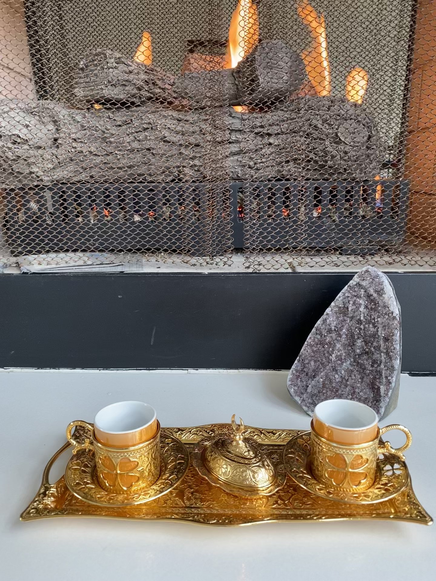 Turkish Luxury 8 Piece Coffee Cup Set | 234-K-18 Circular Ottoman Style Tray with Sugar Bowl - Gold