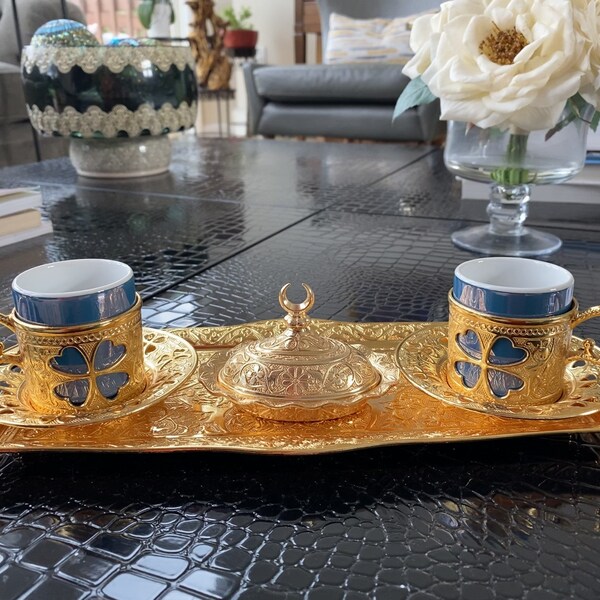 Turkish coffee cup, Ottoman traditional coffee set, Greek mug, Espresso cup, Set of 2 with serving tray candy bowl, Blue porcelain mugs