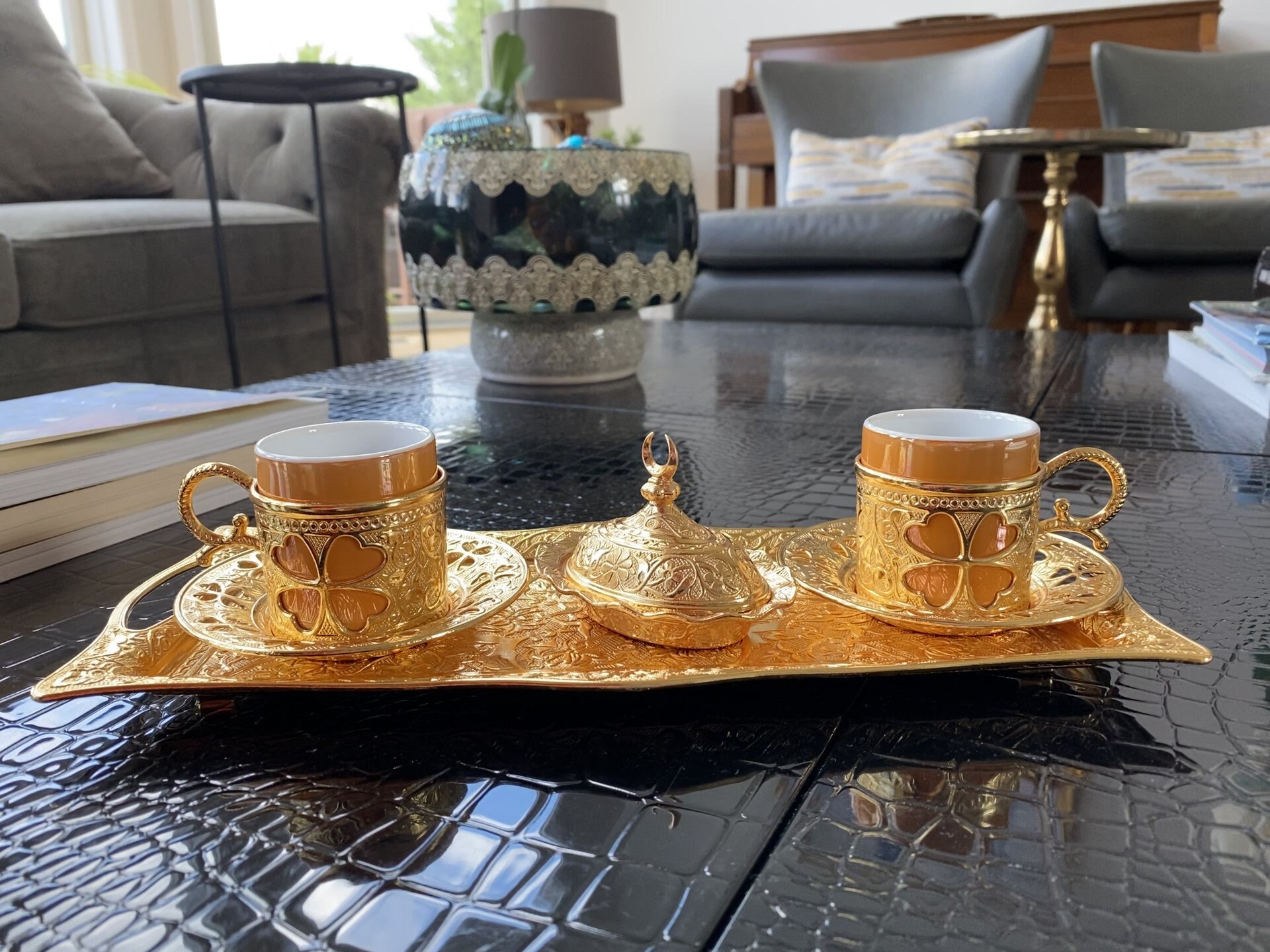 Turkish Luxury 8 Piece Coffee Cup Set | 234-K-18 Circular Ottoman Style Tray with Sugar Bowl - Gold main image 1
