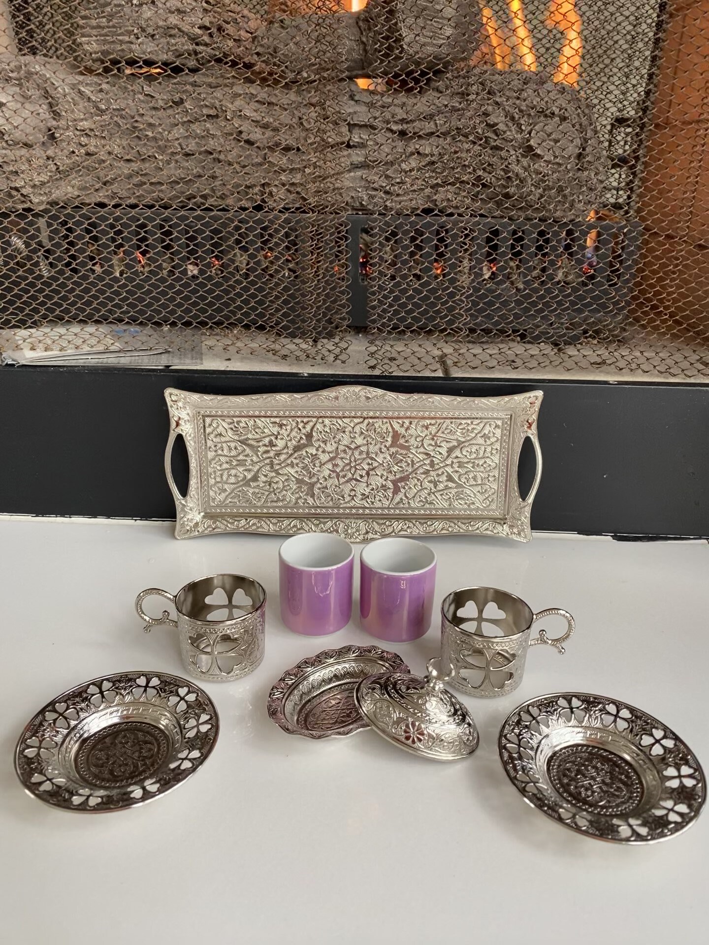 Turkish Luxury 4 Piece Coffee Cup Set | 125-S-K-11 Ottoman Style Tray with Sugar Bowl - Silver