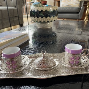 Turkish coffee cup, Ottoman traditional coffee set, Greek mug, Espresso cup, Set of 2 with serving tray candy bowl, Purple porcelain mugs
