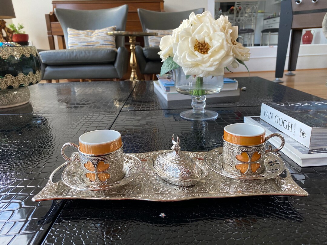 Turkish Luxury 4 Piece Coffee Cup Set | 125-K-11 Ottoman Style Tray with Sugar Bowl - Silver main image 1