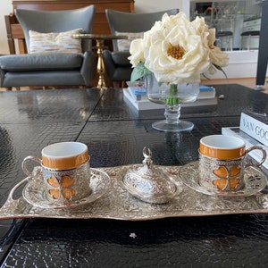 Turkish coffee cup, Ottoman traditional coffee set, Espresso cup, Set of 2 with serving tray candy bowl, Mustard yellow porcelain mugs