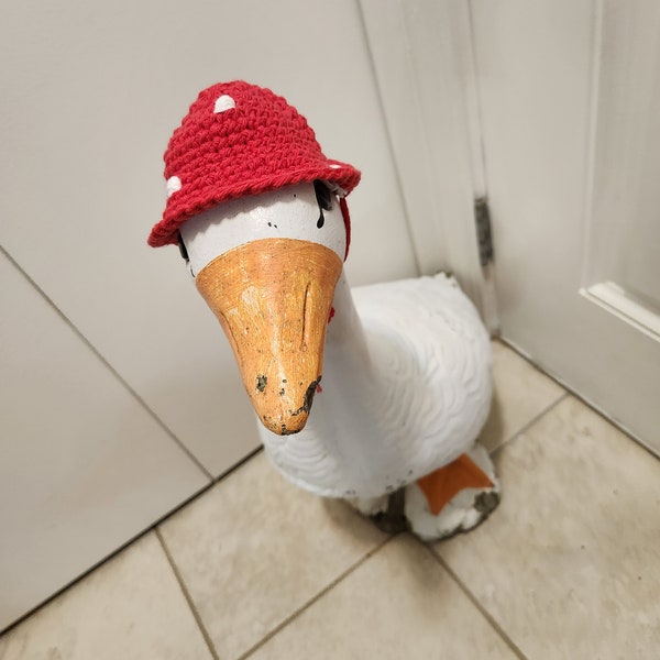 Cement porch goose mushroom hat, cute cement porch goose decoration, handmade mushroom hat for a cement porch goose