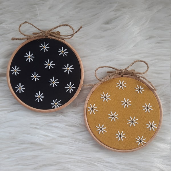 Daisy Flowers 4" Embroidery Hoop Art Mustard and Black