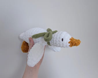 Big Crochet Goose Plushie With Knitted Bow
