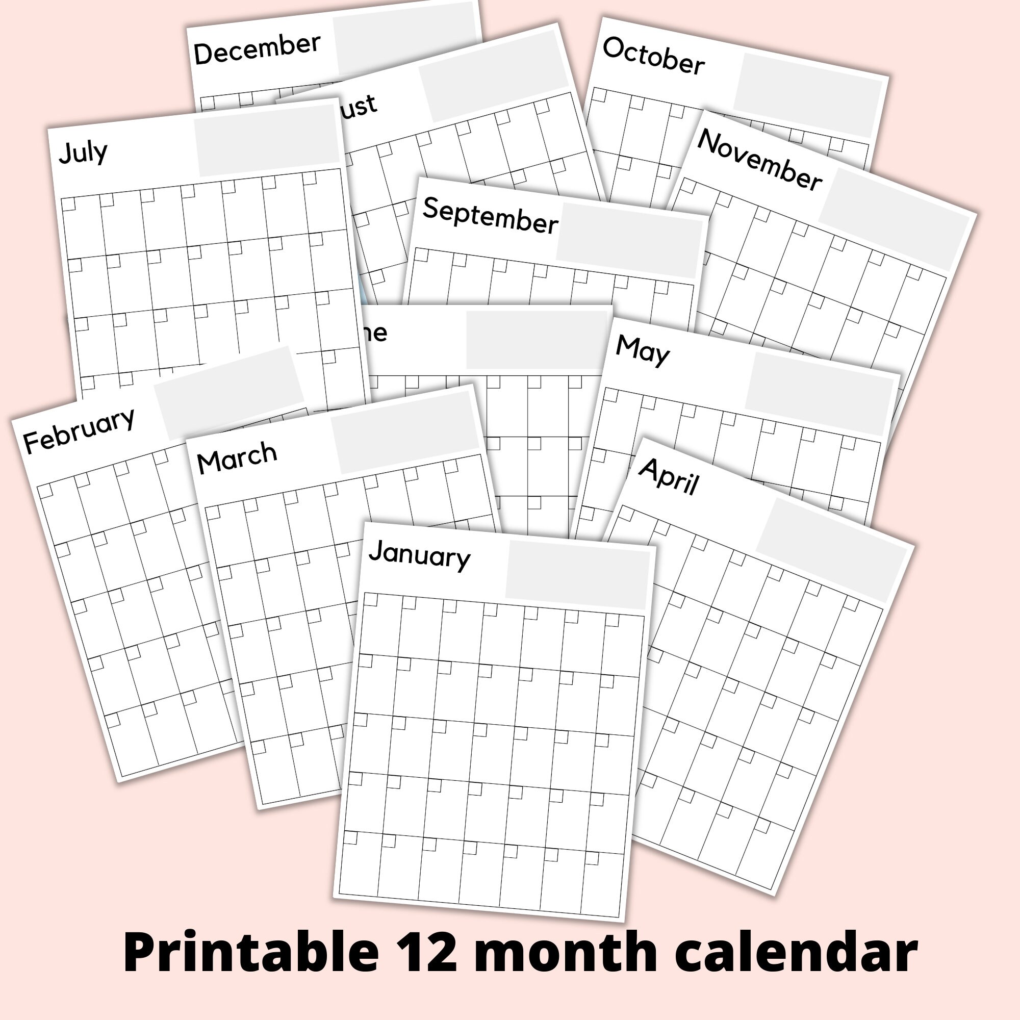 Simple Monthly Calendar Printable, Monthly Planner Blank, 12 Month ...