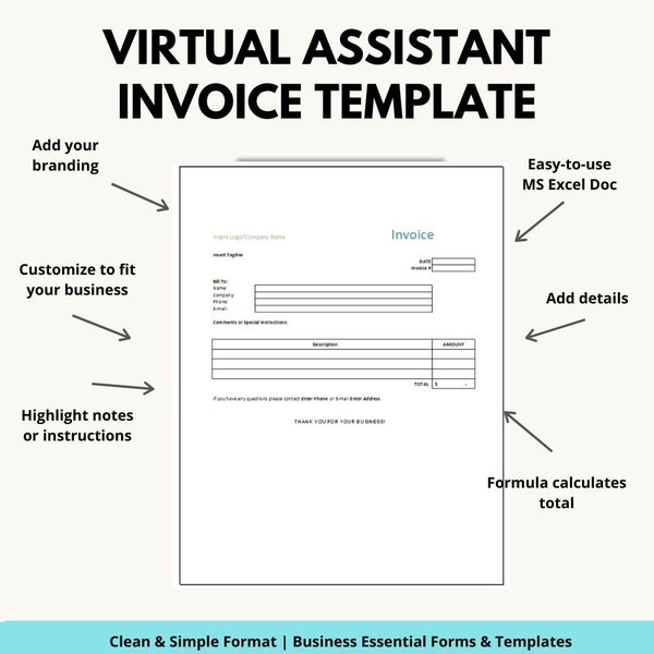 Virtual Assistant Invoice Template, Virtual Assistant Business Forms, Business Invoice Template