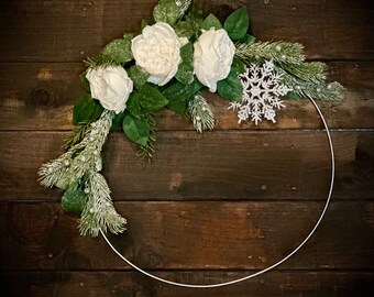 White Rose and Snowflake Wreath, Winter Hoop Wreath