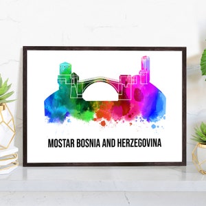 Pera Print Mostar Bosna and Herzegovina skyline posters, Mostar poster, Illustration skyline world city poster, Cityscape landmark print
