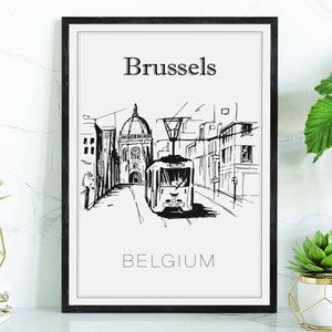 Hand Drawn Poster, Brussels Travel Poster, Belgium Poster Wall Art, Brussels Cityscape and Landmark Map, City Map Poster For Home and Office