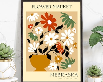Impresión de flores del estado de Nebraska, cartel de los estados de EE.UU., cartel del mercado de flores de Nebraska, cartel botánico, arte del cartel de la naturaleza, arte de la pared floral Boho