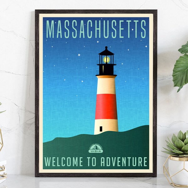 Retro Style Travel Poster, Massachusetts Vintage Rustic Poster Print, Home Wall Art, Office Wall Decor, Massachusetts State Map Poster