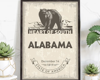 Alabama State Symbol Poster, Alabama Poster Print, Alabama State Emblem Poster, Retro Travel State Poster, Home and Office Wall Art