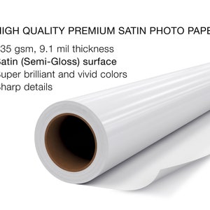 May include: Roll of high quality premium satin photo paper with a semi-gloss finish. 235 gsm, 9.1 mil thickness. Super brilliant and vivid colors. Sharp details.