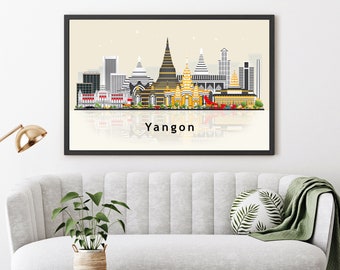 YANGON MYANMAR Illustration skyline poster, Modern skyline cityscape poster, Yangon city skyline landmark map poster, Home wall art