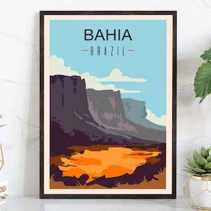 Póster de viaje retro de Bahía, Brasil. Impresión rústica vintage de Brasil. Arte mural para el hogar. Decoración de pared para la oficina. Póster con mapa de Bahía, Brasil.