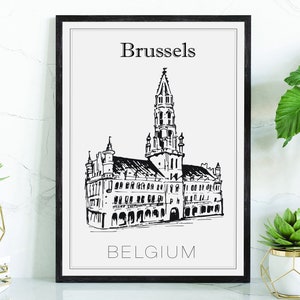 Hand Drawn Poster, Brussels Travel Poster, Belgium Poster Wall Art, Brussels Cityscape and Landmark Map, City Map Poster For Home and Office