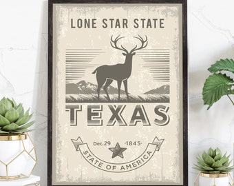 Texas State Symbol Poster, South Texas  Poster Print, Texas State Emblem Poster, Retro Travel State Poster, Home and Office Wall Art