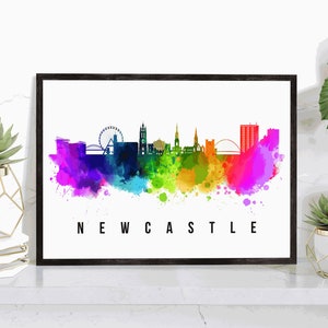 May include: A watercolor painting of the Newcastle skyline with a rainbow color scheme. The skyline includes the Tyne Bridge, the Millennium Bridge, and the iconic Sage Gateshead. The text "NEWCASTLE" is printed below the skyline.
