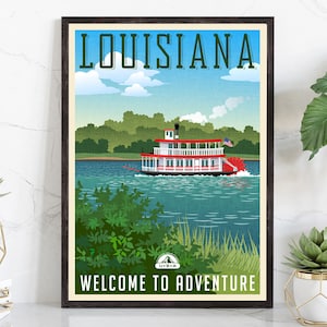Retro Style Travel Poster, Louisiana Vintage Rustic Poster Print, Home Wall Art, Office Wall Decor, Poster Print, Louisiana State Map Poster