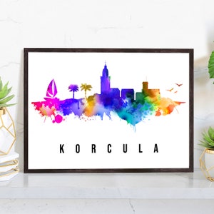 May include: A watercolor painting of the Korcula skyline in shades of blue, purple, green, and yellow. The city is depicted with a sailboat, palm trees, and buildings. The word "KORCULA" is written in black below the skyline.