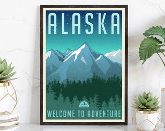 Retro Style Travel Poster, Alaska Vintage Rustic Poster Print, Home Wall Art, Office Wall Decor, Posters, Alaska, State Map Poster Print