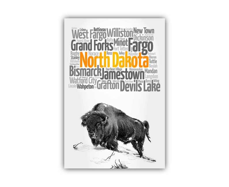 May include: A black and white word cloud of cities in North Dakota with a black and white image of a buffalo in the bottom right corner. The word "North Dakota" is highlighted in orange.