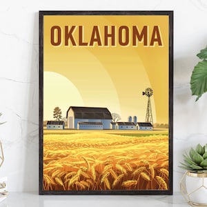 Póster de viaje de estilo retro, impresión rústica vintage de Oklahoma, arte mural para el hogar, decoración de pared para la oficina, pósteres, Oklahoma, póster con mapa del estado