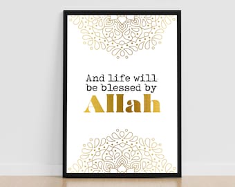 La vida será bendecida por Allah, Decoración de la pared del hogar, Citas temáticas islámicas, Arte de pared del hogar, Decoración de la pared de la oficina, Impresión de arte mural de la palabra de Allah