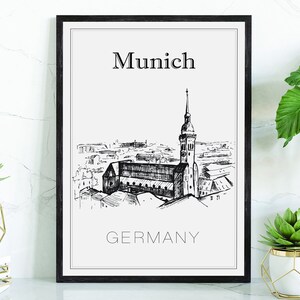 Hand Drawn Poster, Munich Travel Poster, Germany Poster Wall Art, Munich Cityscape and Landmark Map, City Map Poster For Home and Office