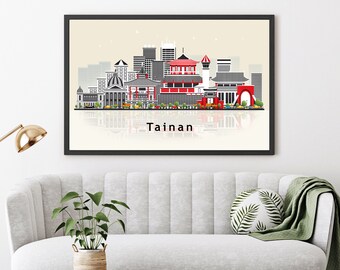 TAINAN TAIWAN Illustration skyline poster, Modern skyline cityscape poster, Tainan city skyline landmark map poster, Home wall decorations