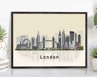 LONDON ENGLAND Illustration skyline poster, Modern skyline cityscape poster print, England landmark map poster, Home wall art decoration