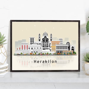 HERAKLION GREECE Illustration skyline poster, Modern skyline cityscape poster print, Greece landmark map poster, Home wall decoration