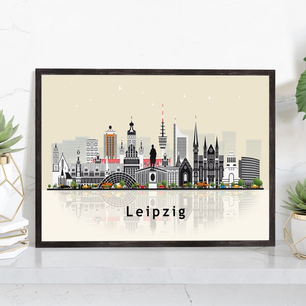 LEIPZIG GERMANY Illustration skyline poster, Modern skyline cityscape poster print, Germany landmark map poster, Home wall art decoration