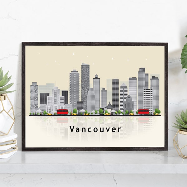 VANCOUVER CANADA Illustration skyline poster print, Modern skyline cityscape poster print, Canada landmark map poster, Home wall decoration