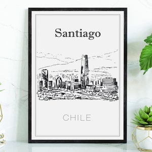 Hand drawn poster, Santiago travel poster, Chile posters, Wall art, Santiago cityscape print, Landmark map, State map poster, Home wall art