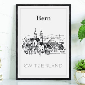 Hand Drawn Poster, Bern Travel Poster, Switzerland Poster Wall Art, Bern Cityscape and Landmark Map, City Map Poster For Home and Office