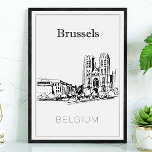 Hand Drawn Poster, Brussels Travel Poster, Belgium Poster Wall Art, Brussels Cityscape and Landmark Map, City Map Poster For Home and Office