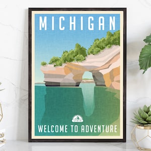 Retro Style Travel Poster, Michigan Vintage Rustic Poster Print, Home Wall Art, Office Wall Decor, Poster Prints, Michigan, State Map Poster