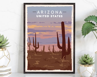 May include: A vintage travel poster design featuring a sunset landscape with silhouettes of cacti in the desert. The poster reads "Arizona - United States".