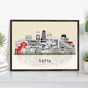 May include: A black and white illustration of the Sofia, Bulgaria skyline with the city name "Sofia" at the bottom of the image.