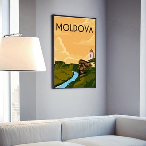 May include: A vintage travel poster with a stylized illustration of a river winding through a green valley. The poster has the word "MOLDOVA" in bold, black letters at the top.