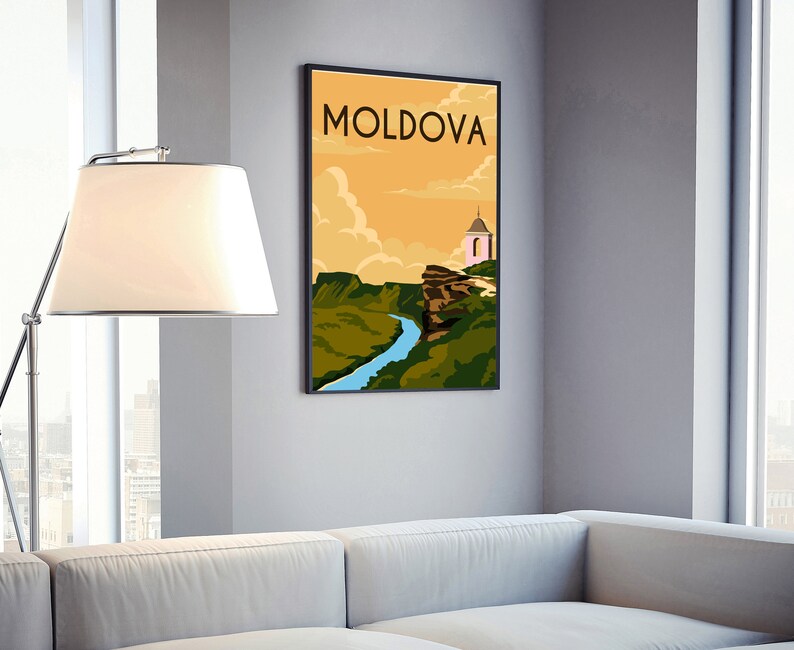 May include: A vintage travel poster with a stylized illustration of a river winding through a green valley. The poster has the word "MOLDOVA" in bold, black letters at the top.