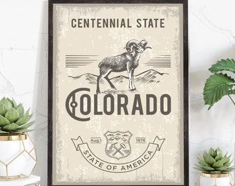 Colorado State Symbol Poster, Colorado State Poster Print, Colorado State Emblem Poster, Retro Travel State Poster, Home and Office Wall Art